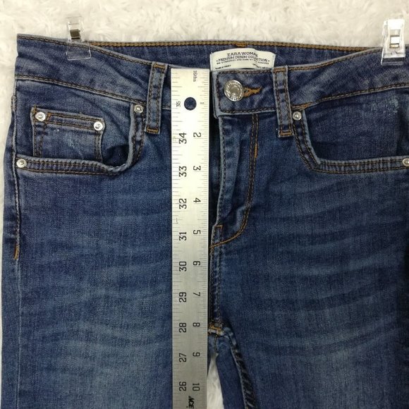 Zara Womens Jeans Skinny Ankle Blue Denim Distressed Low Rise Dark Wash 2 - Picture 4 of 12